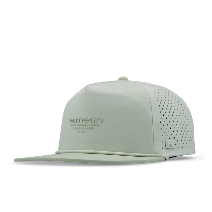 The angled view of the melin Split Crushed Fit Coronado Hydrolite hat in dusty mint