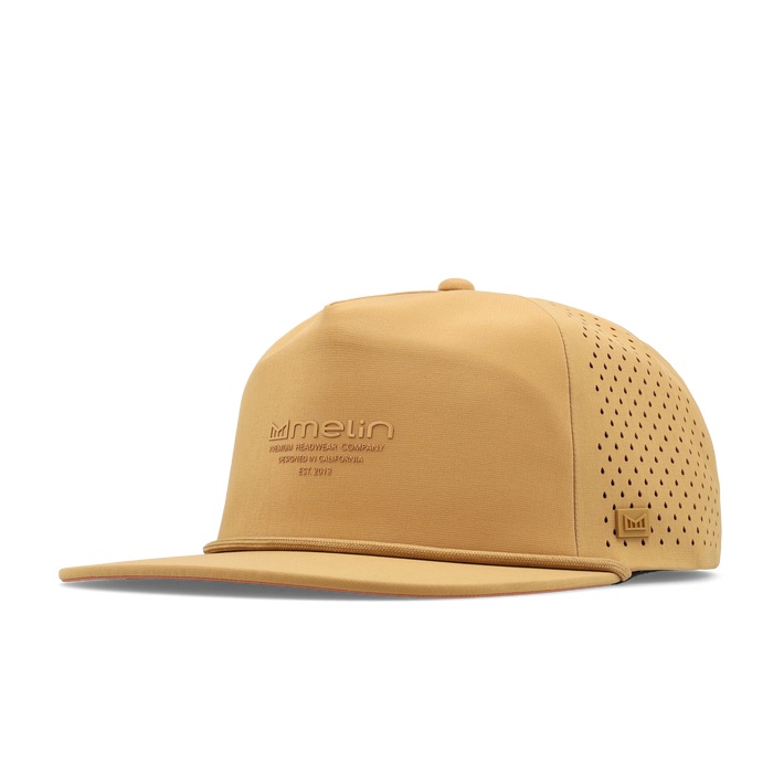 The angled view of the melin Split Crushed Fit Coronado Hydrolite hat in medal bronze