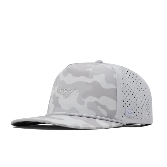 The front, angled view of the melin Coronado Hydrolite  Split Crushed Fit in  Snow Camo