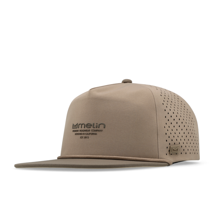 The angled view of the melin Split Crushed Fit Coronado Hydrolite hat in teak