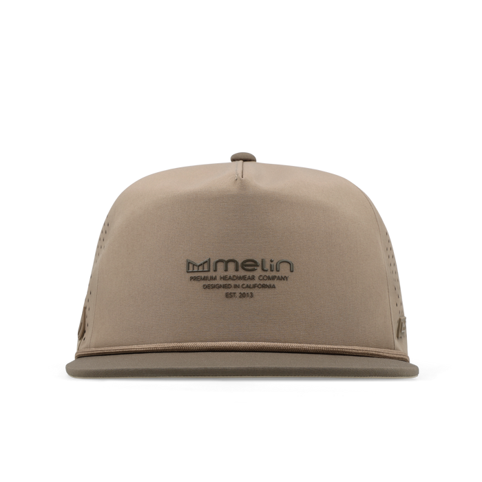 The frontal view of the melin Split Crushed Fit Coronado Hydrolite hat in teak