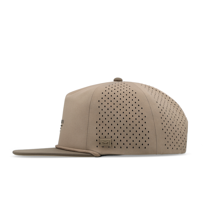 The side view of the melin Split Crushed Fit Coronado Hydrolite hat in teak