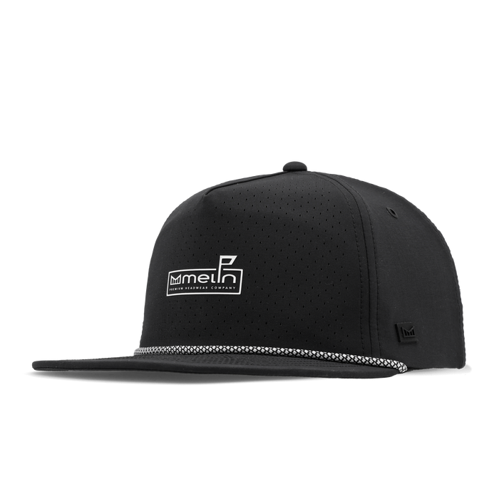 The angled view of the melin Split Crushed Fit Coronado Links Hydro hat in black