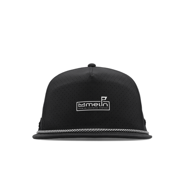 The frontal view of the melin Split Crushed Fit Coronado Links Hydro hat in black