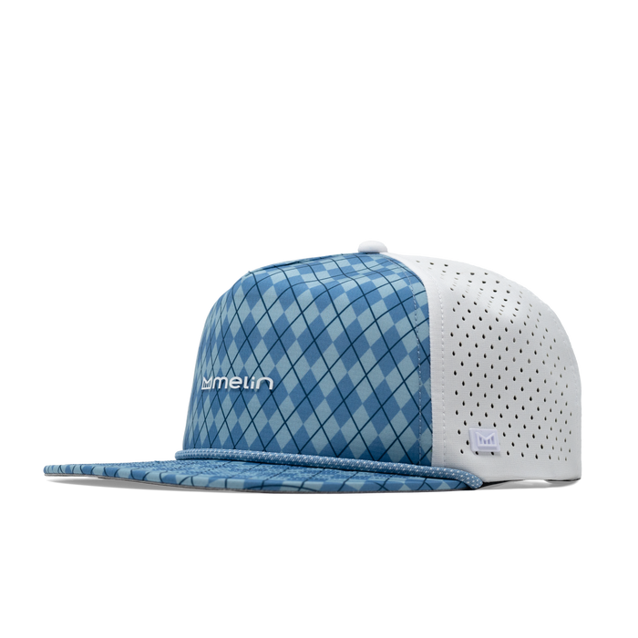 The front, angled view of the melin Coronado Links Hydro  Split Crushed Fit in  Blue Argyle