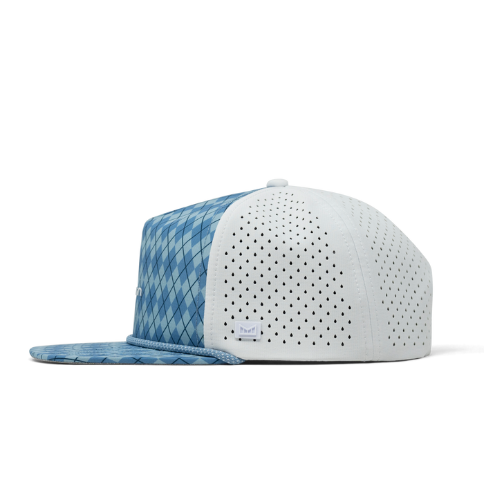 The side view of the melin Coronado Links Hydro  Split Crushed Fit in  Blue Argyle