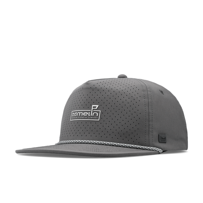 The angled view of the melin Split Crushed Fit Coronado Links Hydro hat in grey