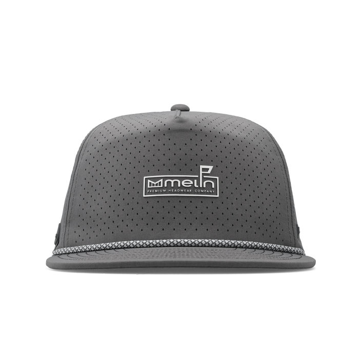 The frontal view of the melin Split Crushed Fit Coronado Links Hydro hat in grey