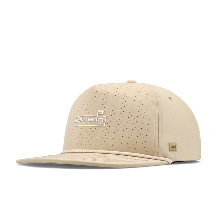 The angled view of the melin Split Crushed Fit Coronado Links Hydro hat in khaki