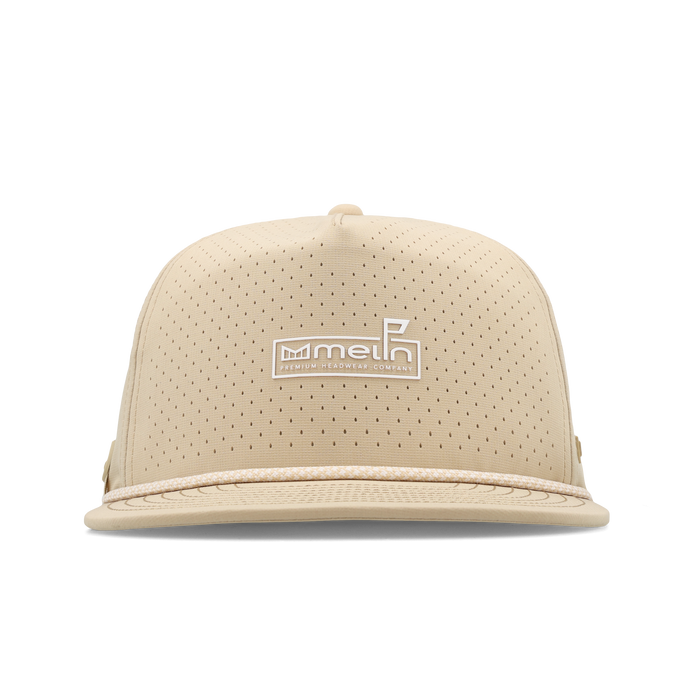 The frontal view of the melin Split Crushed Fit Coronado Links Hydro hat in khaki