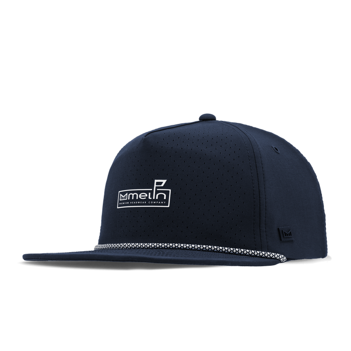 The angled view of the melin Split Crushed Fit Coronado Links Hydro hat in navy