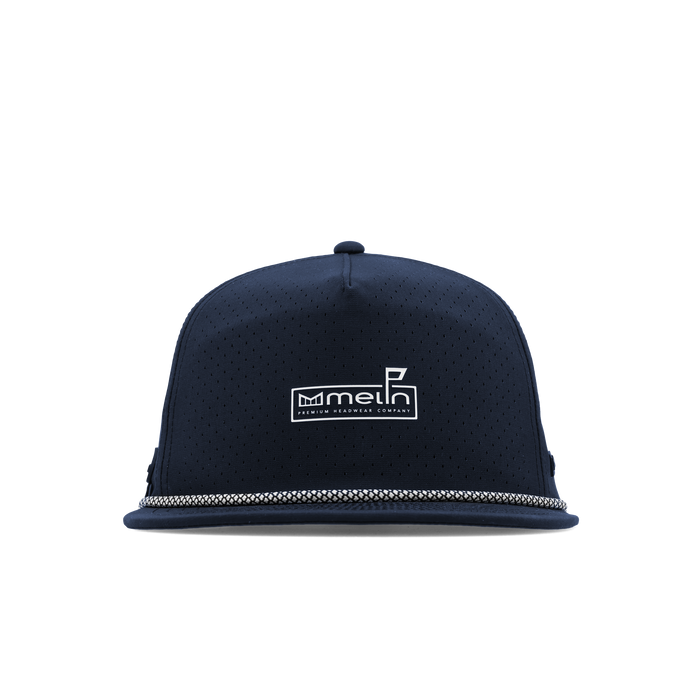 The frontal view of the melin Split Crushed Fit Coronado Links Hydro hat in navy
