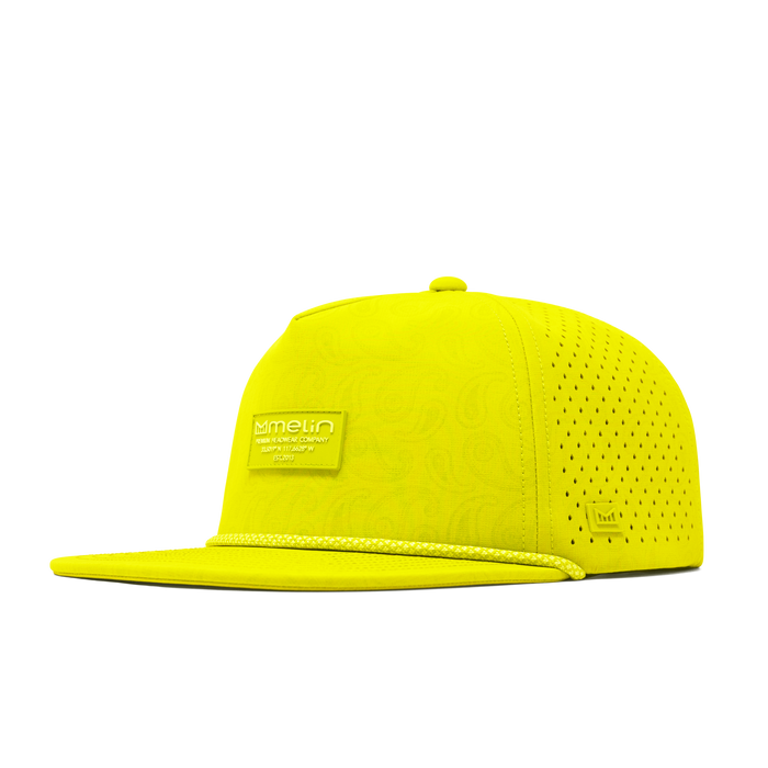 The front, angled view of the melin Split Crushed Fit Coronado Links Hydro  in  Neon Yellow