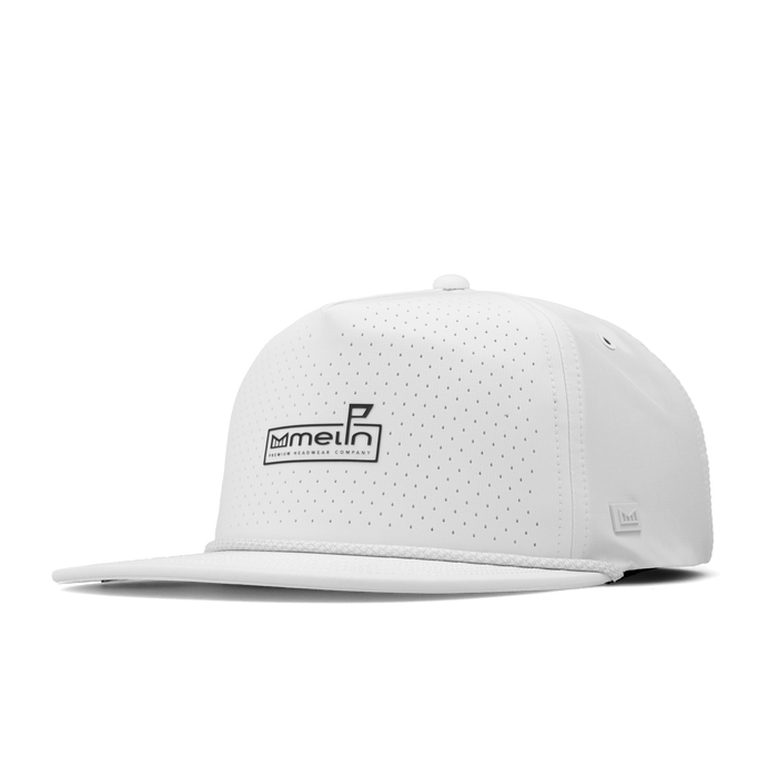 The angled view of the melin Split Crushed Fit Coronado Links Hydro hat in white