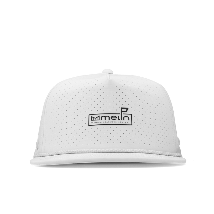 The frontal view of the melin Split Crushed Fit Coronado Links Hydro hat in white