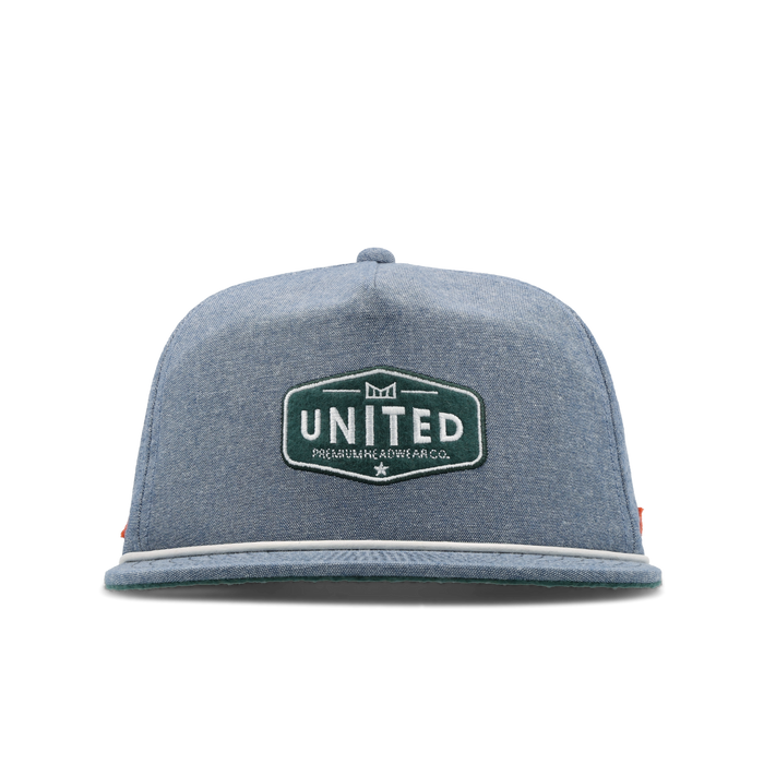 The front view of the melin Coronado Mill United  Split Crushed Fit in  Chambray