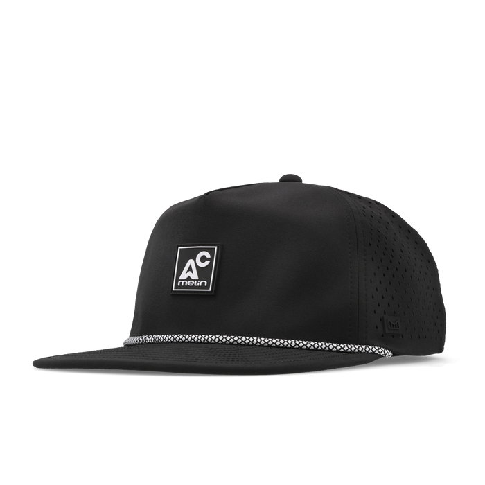 The angled view of the melin Split Crushed Fit Coronado Packable Hydro hat in black