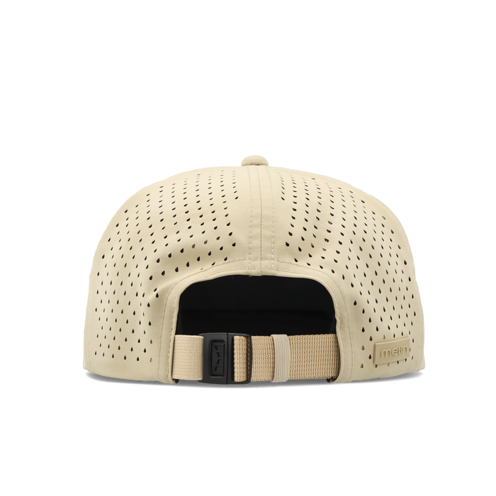 The back view of the melin Split Crushed Fit Coronado Packable Hydro hat in sand