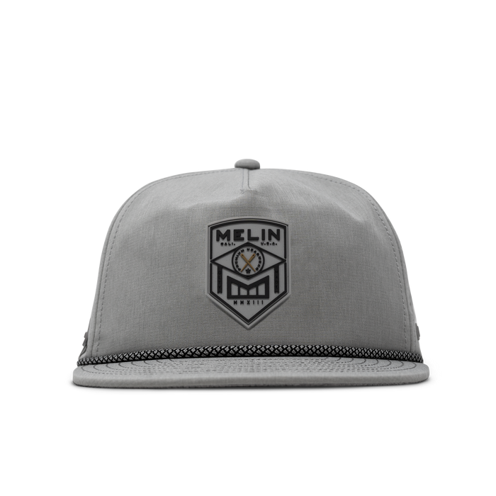 The front view of the melin Coronado Shield Hydro  Split Crushed Fit in  Heather Grey