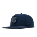 The front, angled view of the melin Coronado Shield Hydro  Split Crushed Fit in  Navy