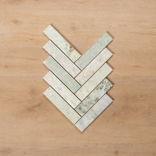 Cottesloe Ming Green Herringbone Honed Marble Mosaic Tile 35x150mm - The Blue Space