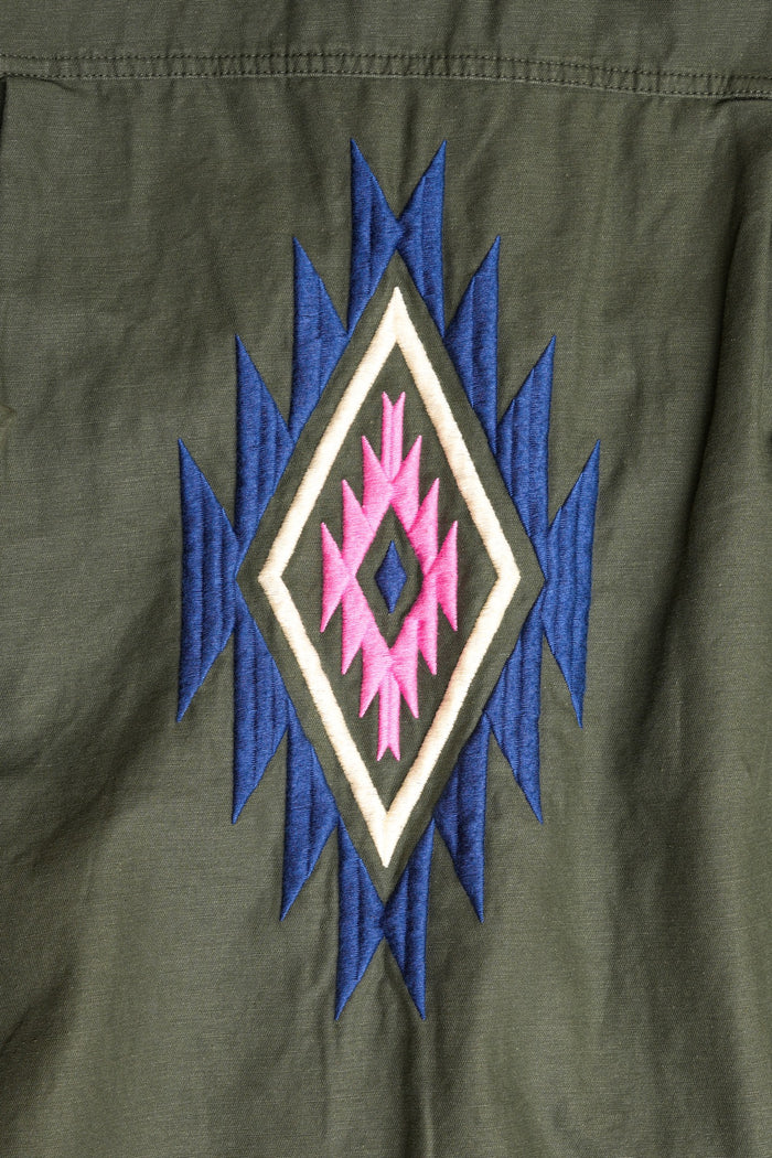 COTTON BACK SATIN OG SHIRT WITH EMBROIDERY - GREEN