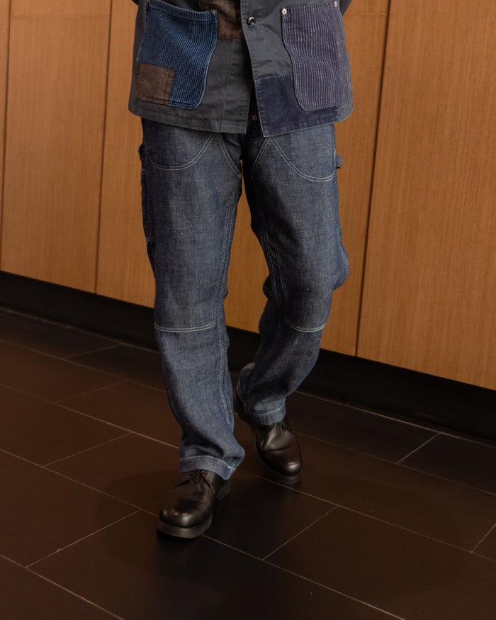 COTTON LINEN DOUBLE KNEE CARPENTER PANTS - INDIGO