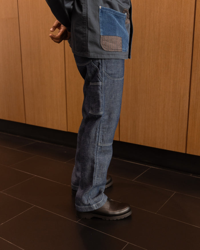 COTTON LINEN DOUBLE KNEE CARPENTER PANTS - INDIGO