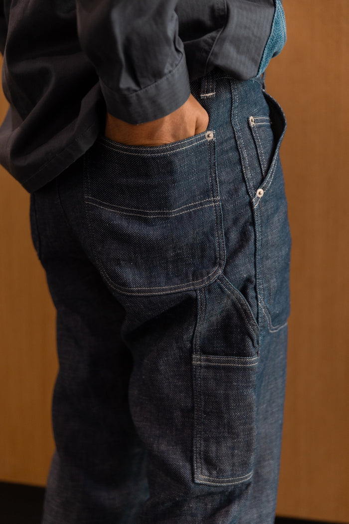 COTTON LINEN DOUBLE KNEE CARPENTER PANTS - INDIGO