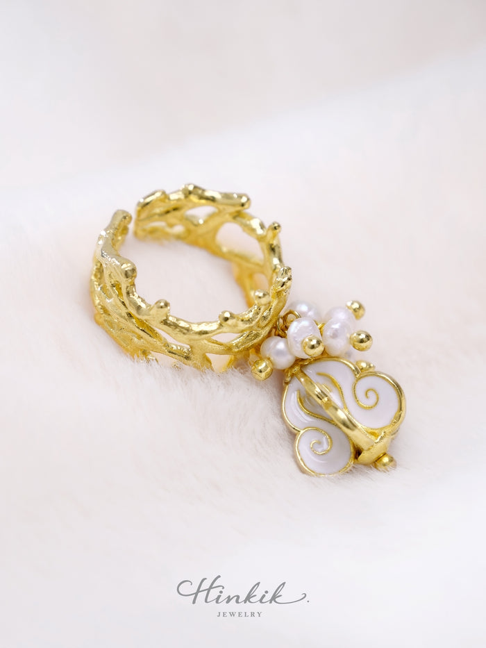 Crown Flower Adjustable Ring with White Enamel | Solid Brass Charm Ring for Everyday Wear & Gifts