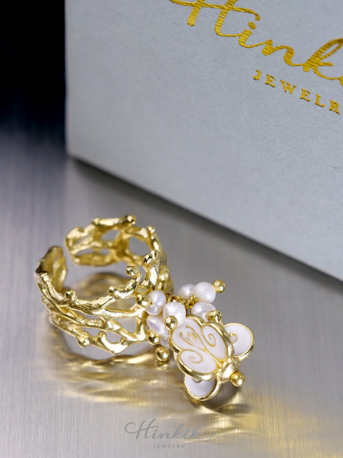 Crown Flower Adjustable Ring with White Enamel | Solid Brass Charm Ring for Everyday Wear & Gifts