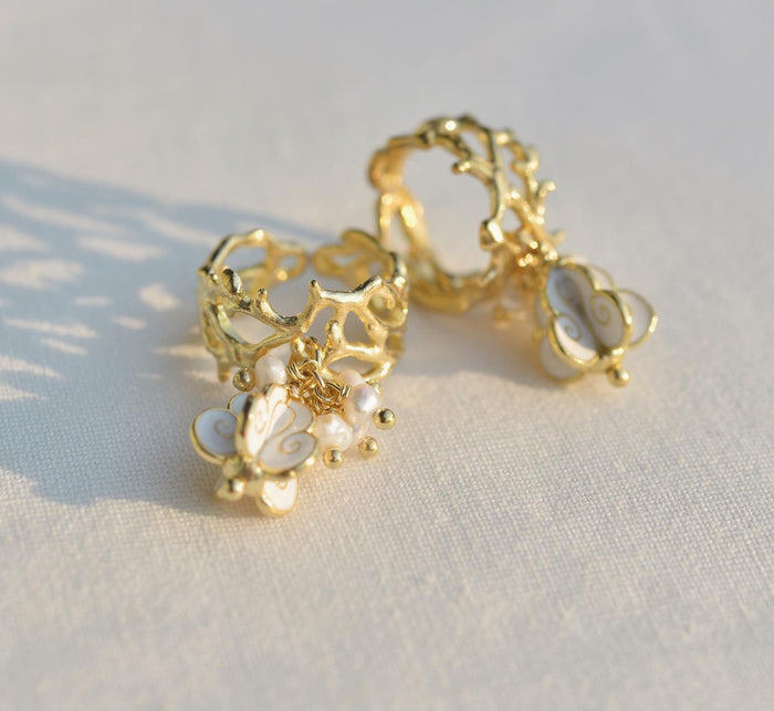 Crown Flower Adjustable Ring with White Enamel | Solid Brass Charm Ring for Everyday Wear & Gifts
