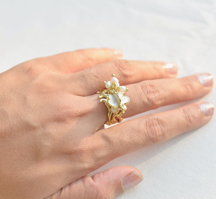 Crown Flower Adjustable Ring with White Enamel | Solid Brass Charm Ring for Everyday Wear & Gifts