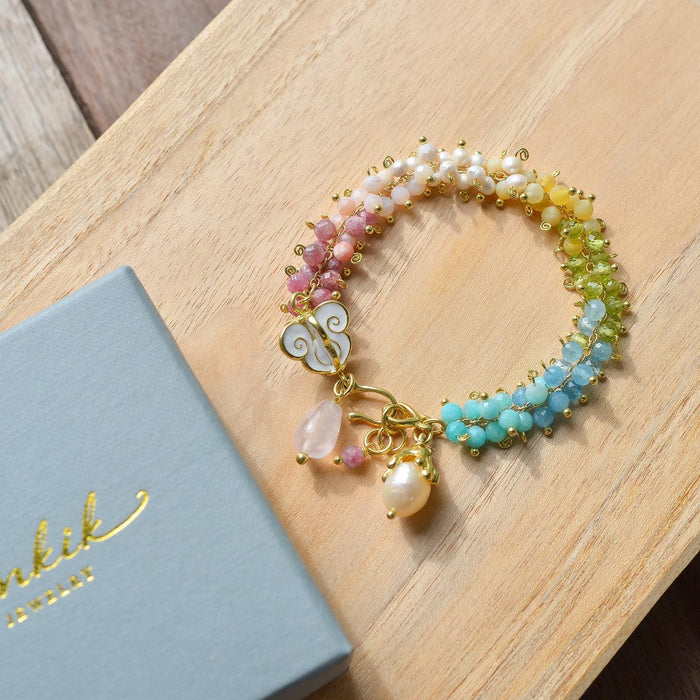 Crown Flower Bracelet with Natural Gemstones | Handmade Brass Bracelet by Hinkik Jewelry