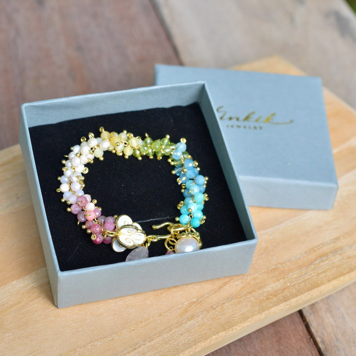 Crown Flower Bracelet with Natural Gemstones | Handmade Brass Bracelet by Hinkik Jewelry