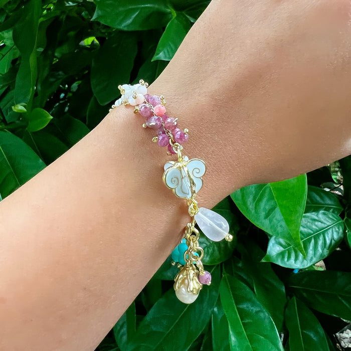 Crown Flower Bracelet with Natural Gemstones | Handmade Brass Bracelet by Hinkik Jewelry