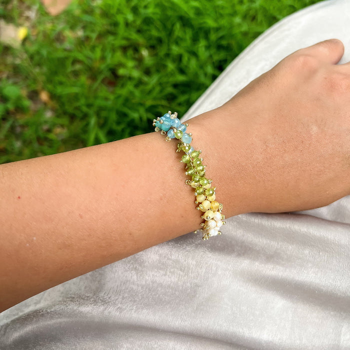 Crown Flower Bracelet with Natural Gemstones | Handmade Brass Bracelet by Hinkik Jewelry