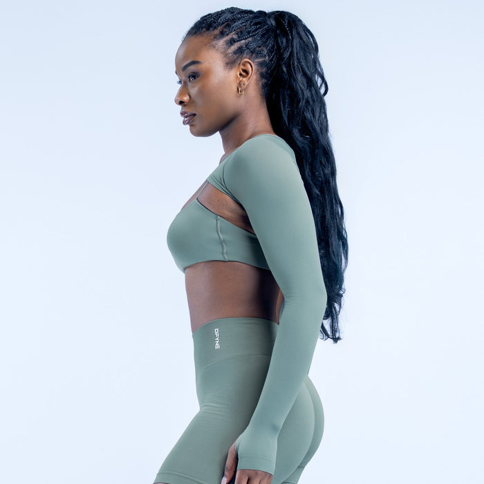 Olive cropped long-sleeve shrug with smooth stretch fabric and side profile