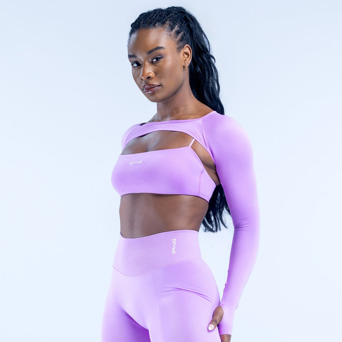 Lavender long-sleeve shrug with front cutout and smooth cropped hem
