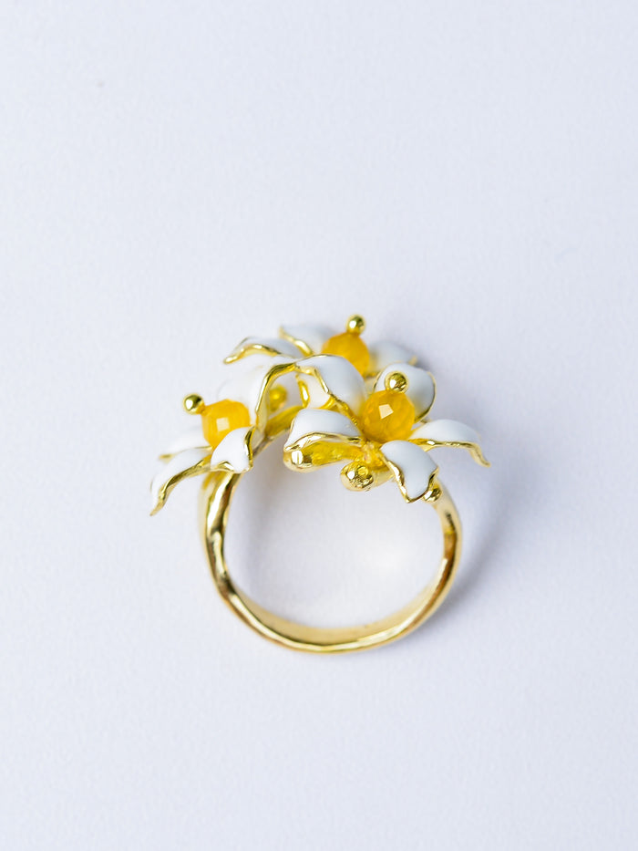 Dok Kaew Flower Ring | White Enamel & Polished Brass Adjustable Floral Ring
