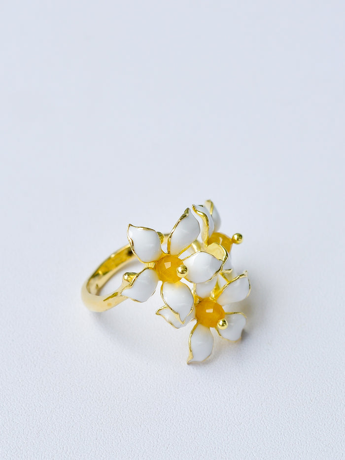 Dok Kaew Flower Ring | White Enamel & Polished Brass Adjustable Floral Ring