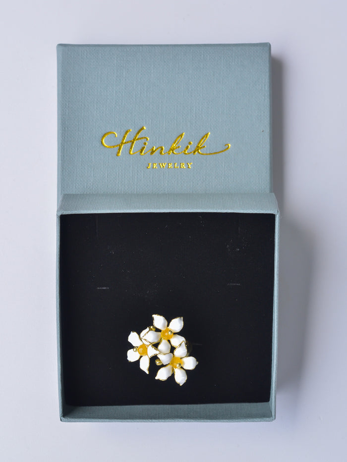 Dok Kaew Flower Ring | White Enamel & Polished Brass Adjustable Floral Ring