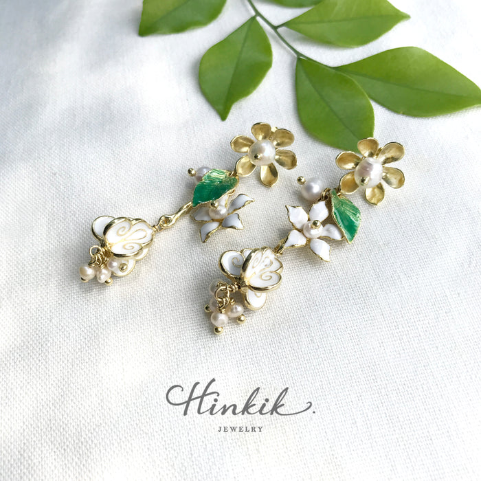 Dok Rak &amp; Orange Blossom Earrings | White Enamel &amp; Real Pearl Handmade Jewelry