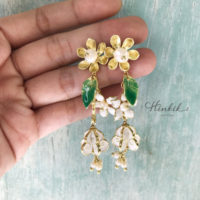 Dok Rak &amp; Orange Blossom Earrings | White Enamel &amp; Real Pearl Handmade Jewelry