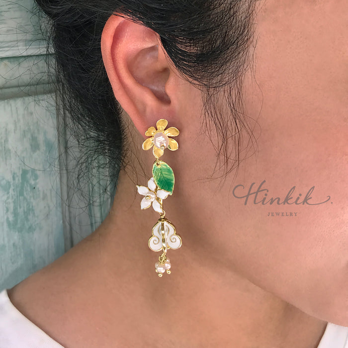 Dok Rak &amp; Orange Blossom Earrings | White Enamel &amp; Real Pearl Handmade Jewelry