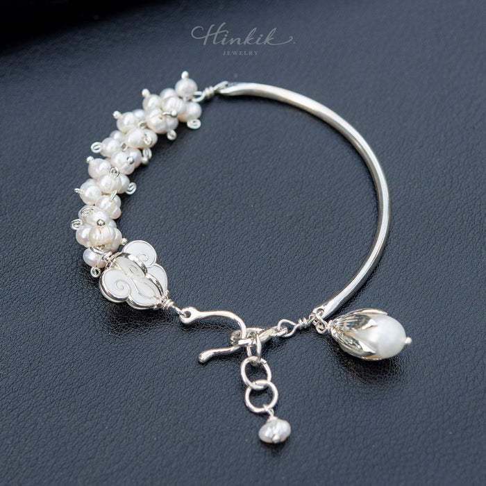 Dokrak Mali Silver Bracelet Pearl Half Circle Thai Style Floral Garland 925 Silver