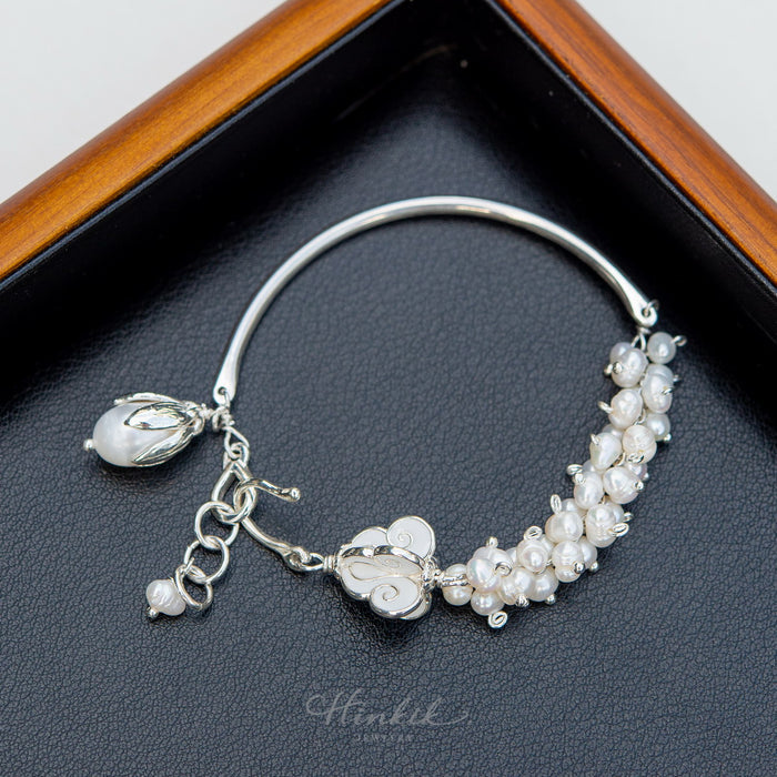 Dokrak Mali Silver Bracelet Pearl Half Circle Thai Style Floral Garland 925 Silver