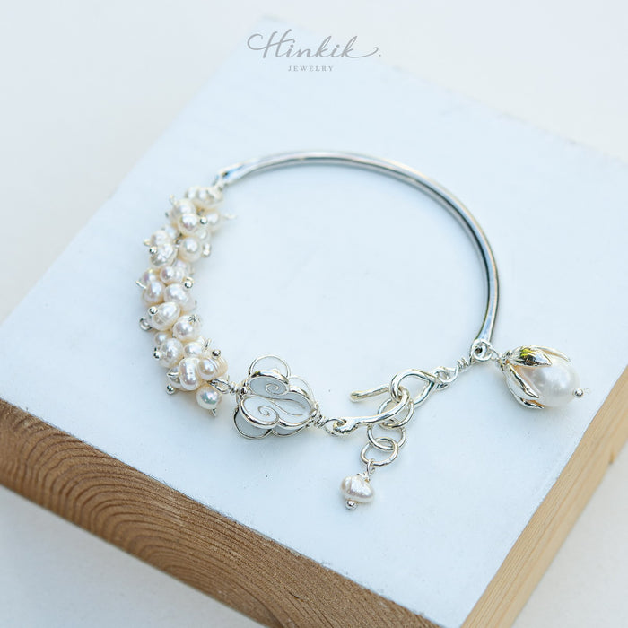 Dokrak Mali Silver Bracelet Pearl Half Circle Thai Style Floral Garland 925 Silver