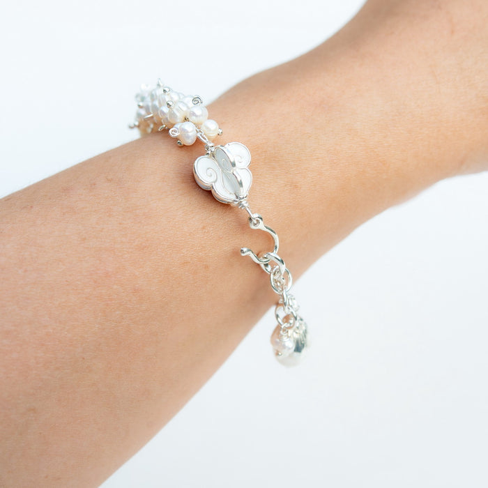Dokrak Mali Silver Bracelet Pearl Half Circle Thai Style Floral Garland 925 Silver