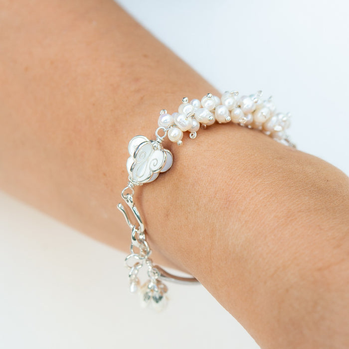 Dokrak Mali Silver Bracelet Pearl Half Circle Thai Style Floral Garland 925 Silver